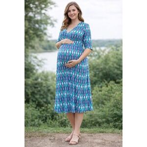 Tart‎ Maternity L True Wrap Maternity  Dress IKAT Geometric Blue Modal Blend
